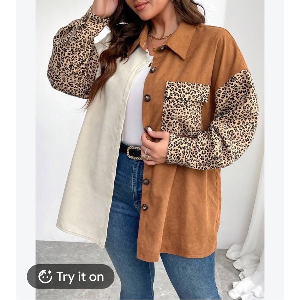 SHEIN LUNE Colorblock Corduroy Leopard Print Shacket Tan Cream Small